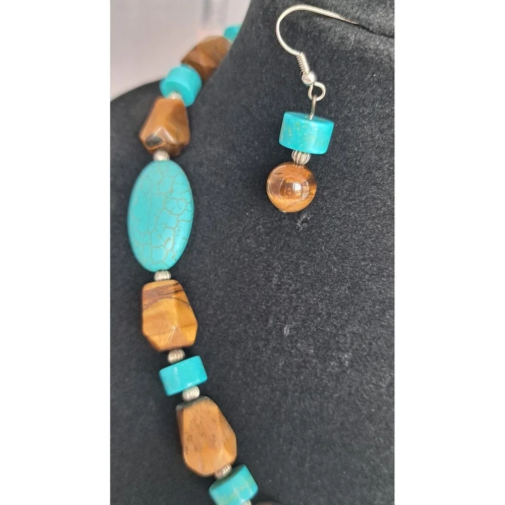 Fashion Jewelry Set Necklace Earrings Tiger Eye Turquoise Howlite Adjustable